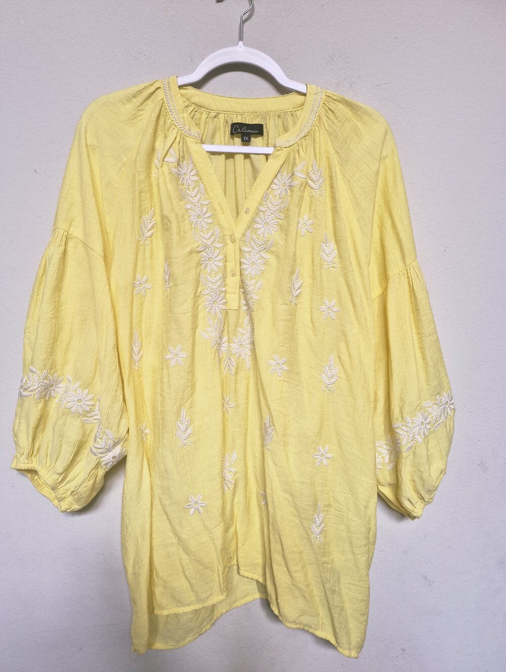 Calessa Sunshine Embroidered Tunic V-Neck Blouse - Yellow Women's Top Size 1X